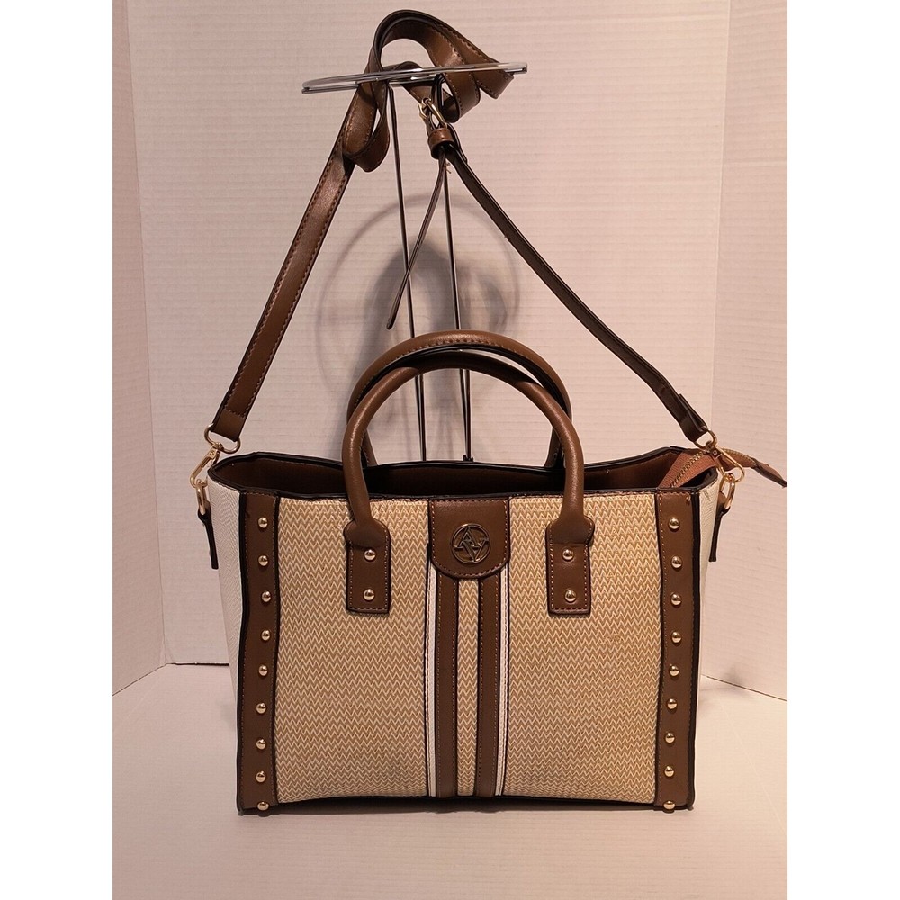 Adrienne Vittadini Handbag Brown White PU Leather Large Gold Purse 2601